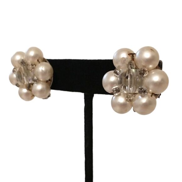 AB Crystal Cluster Earrings Bead JAPAN Faux Pearl Clip-On MCM Aurora Borealis. - Picture 7 of 16